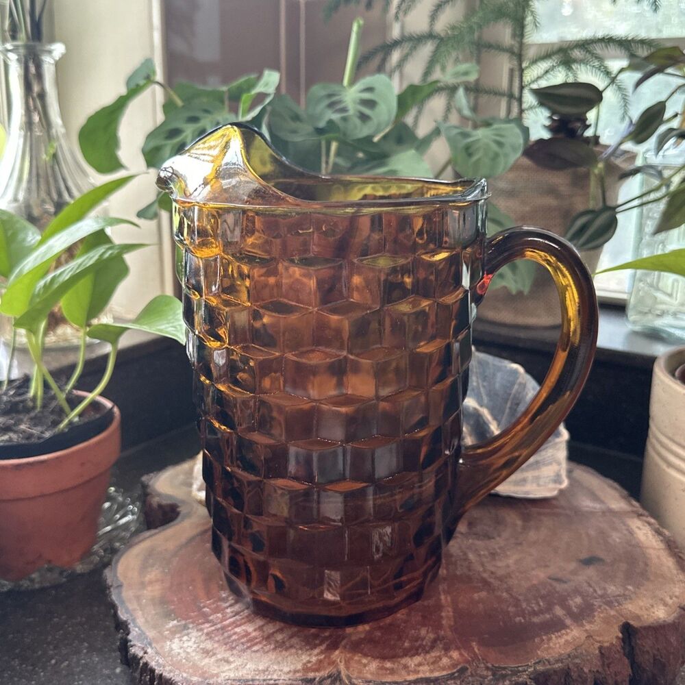 Vintage Indiana Glass Whitehall Pattern Amber Glass Cubist Ice Lip Pitcher 8"